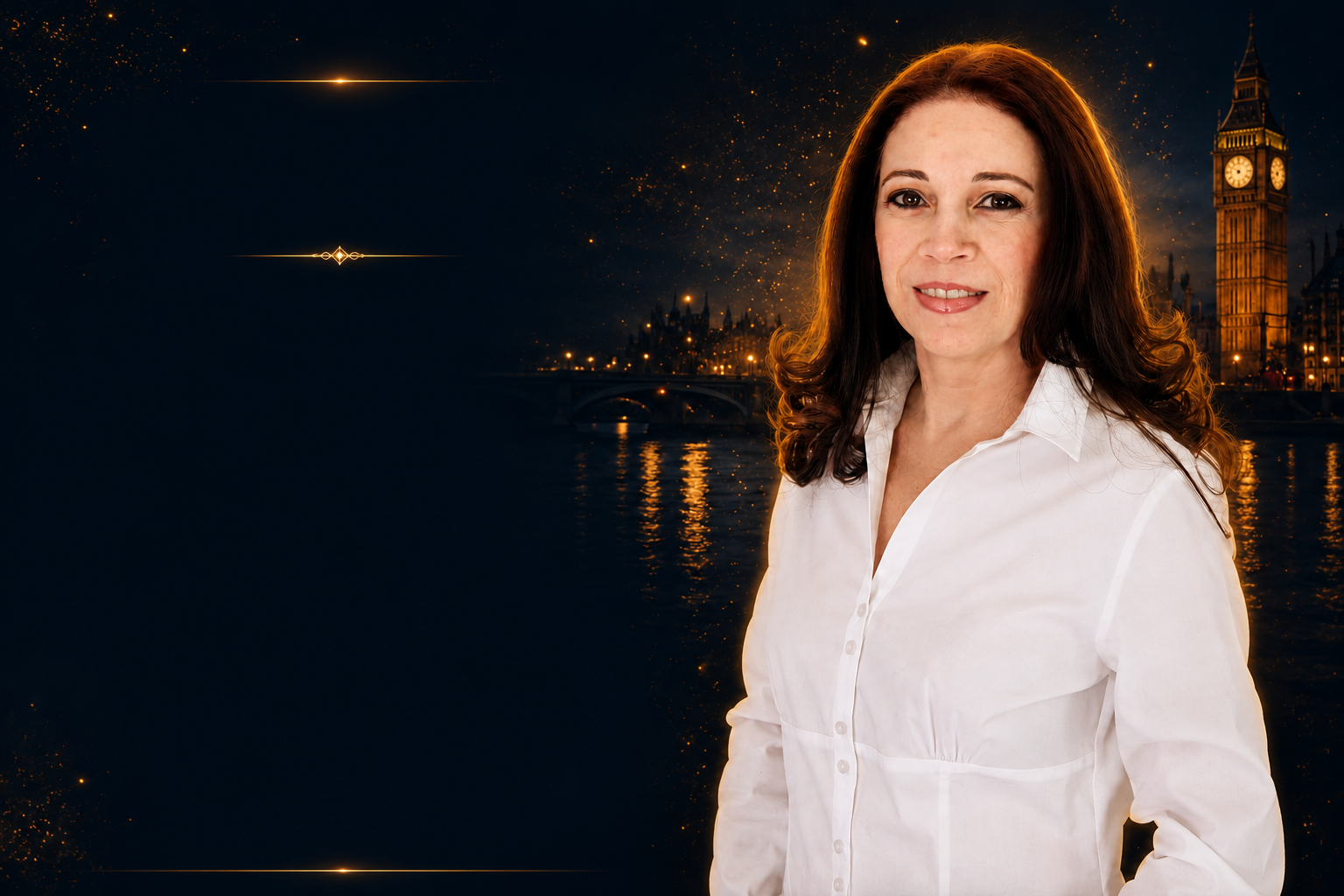 Portrait of author Cynara Campanati with the London skyline and golden stardust behind her