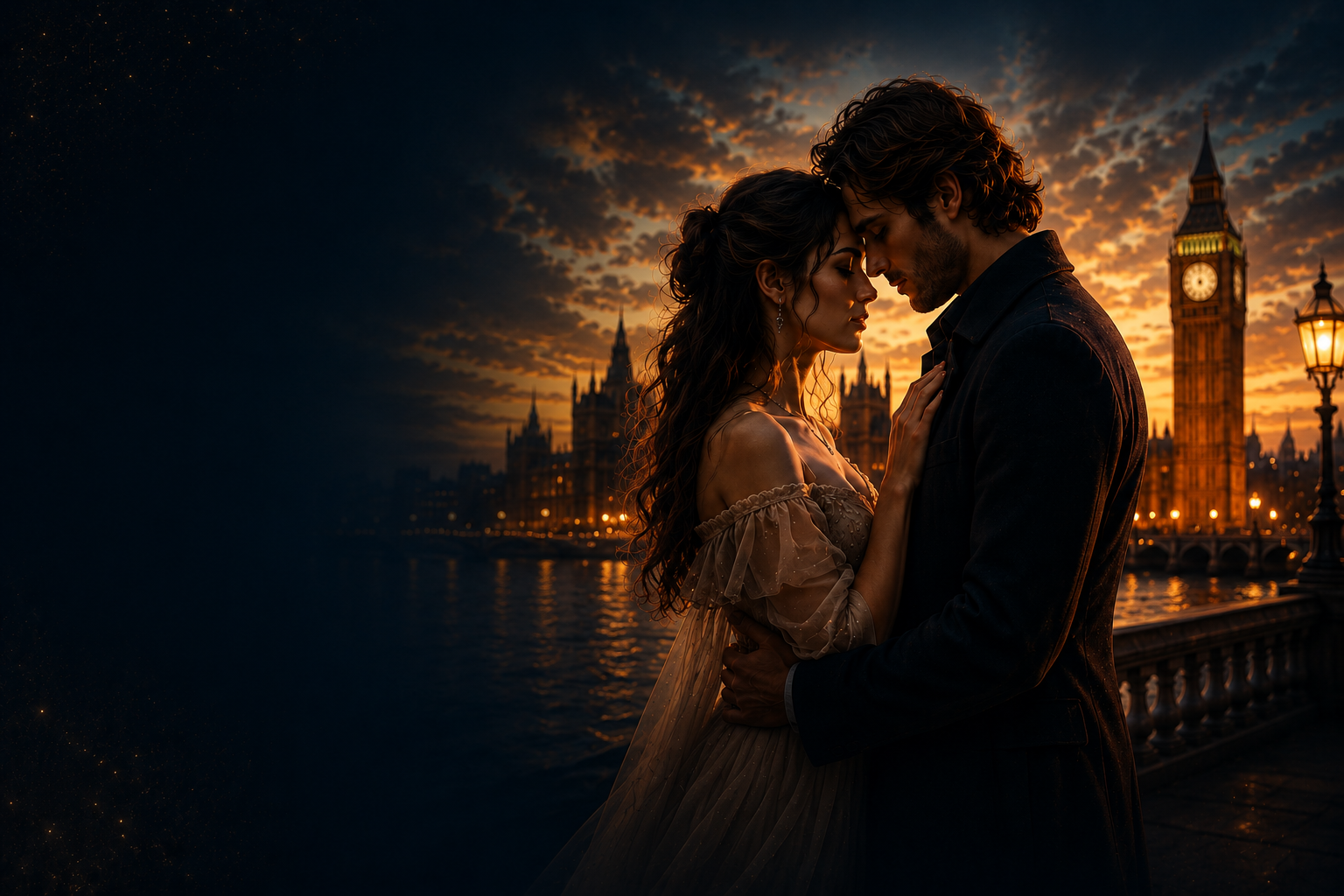 A romantic couple embracing at sunset on the Thames embankment with Big Ben and the London skyline behind them